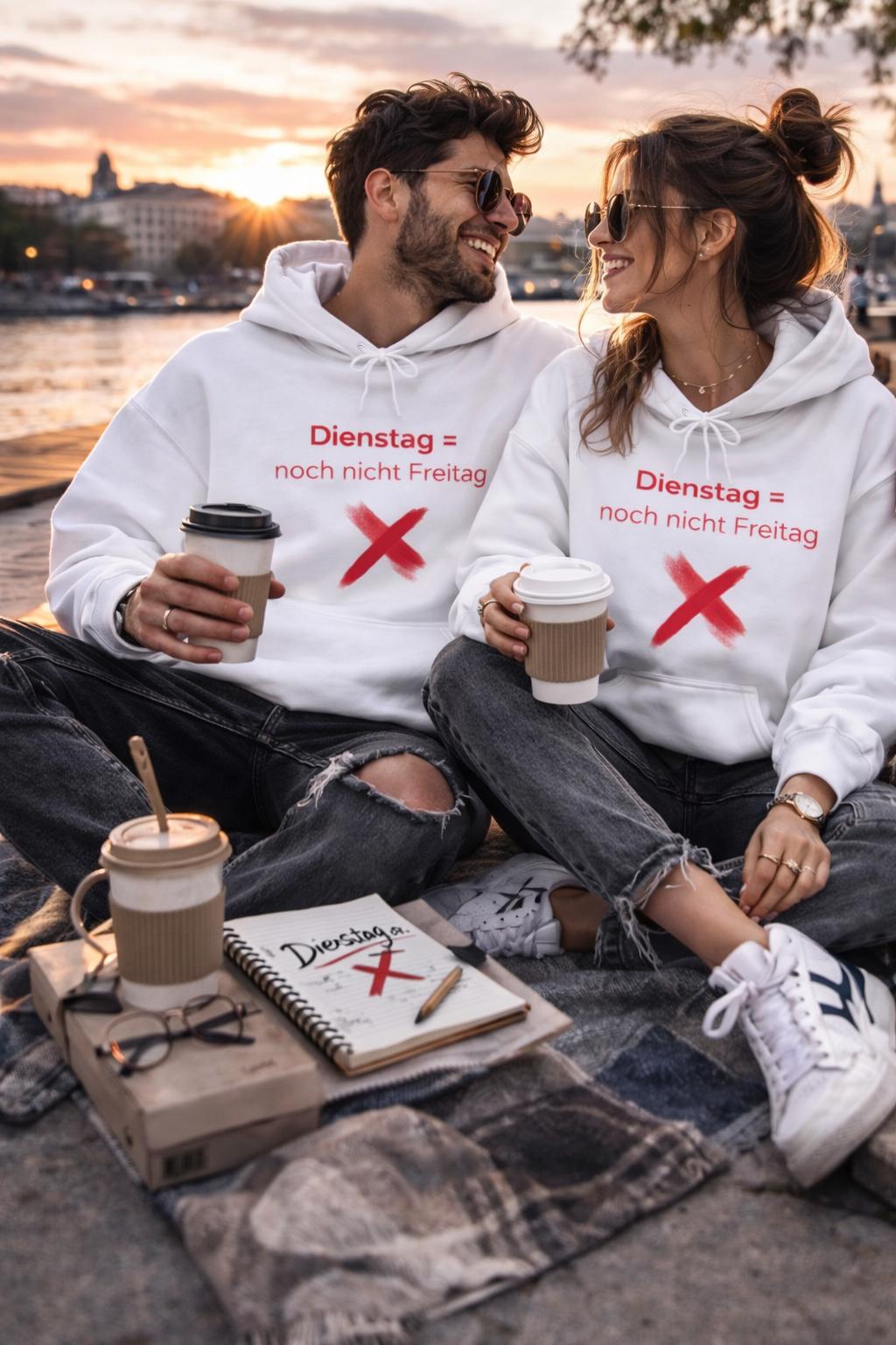 Weißer Hoodie mit dem Spruch „Dienstag = noch nicht Freitag“ und einem roten X als humorvolle Illustration.
