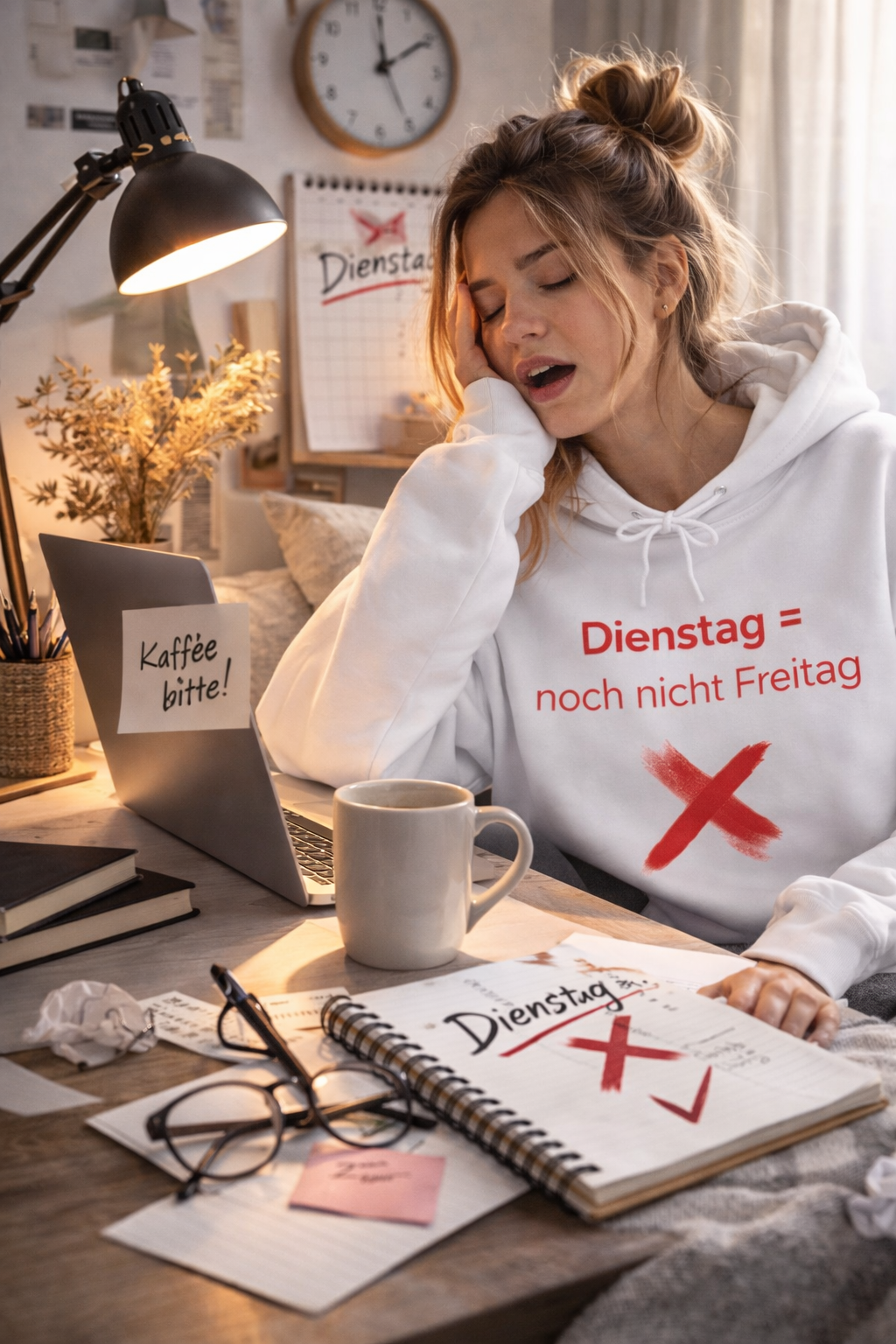 Weißer Hoodie mit dem Spruch „Dienstag = noch nicht Freitag“ und einem roten X als humorvolle Illustration.