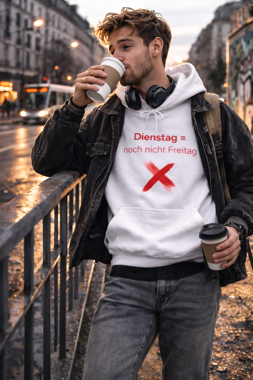 Weißer Hoodie mit dem Spruch „Dienstag = noch nicht Freitag“ und einem roten X als humorvolle Illustration.