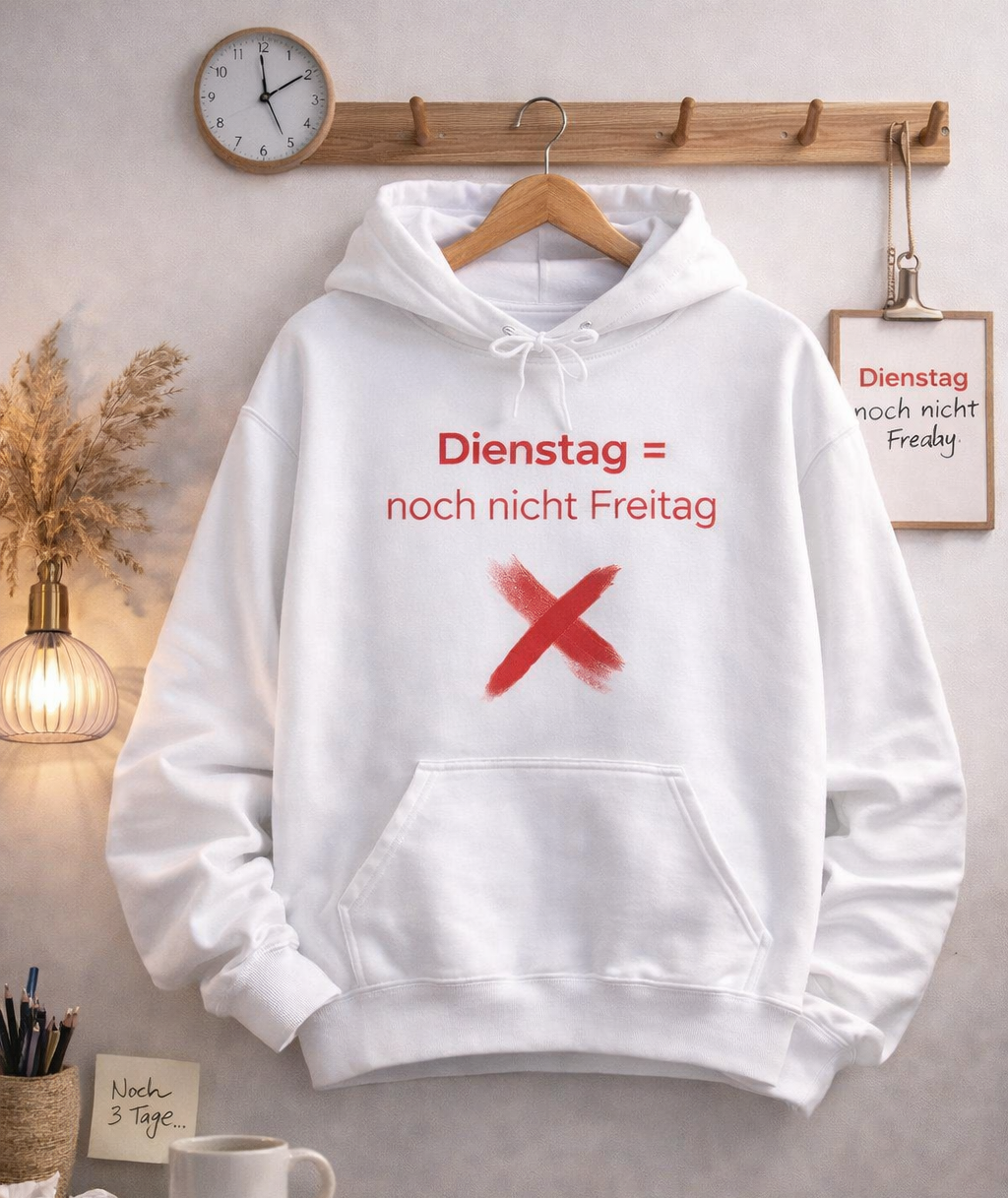 Weißer Hoodie mit dem Spruch „Dienstag = noch nicht Freitag“ und einem roten X als humorvolle Illustration.