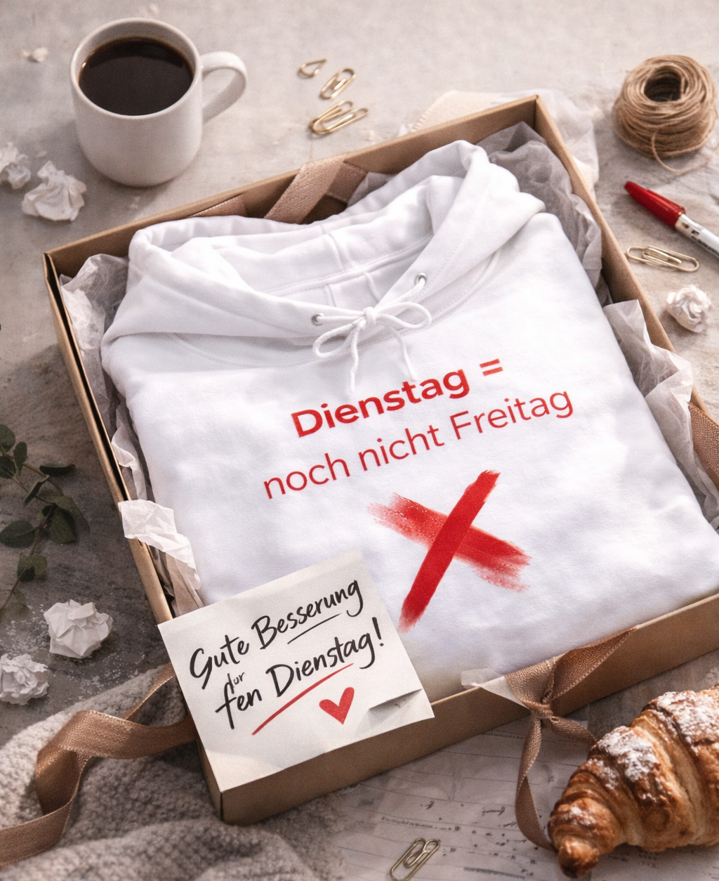 Weißer Hoodie mit dem Spruch „Dienstag = noch nicht Freitag“ und einem roten X als humorvolle Illustration.