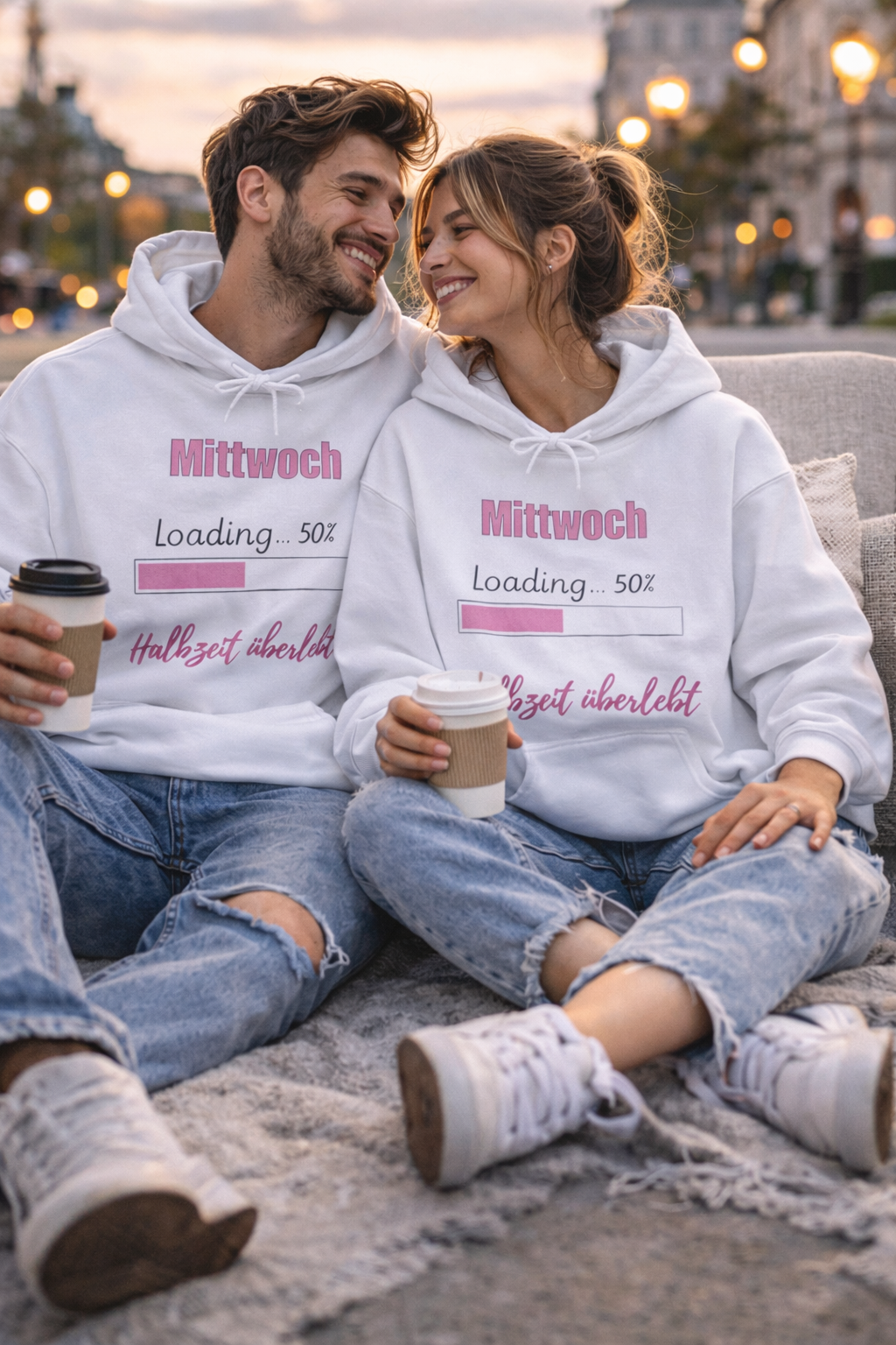 Weißer Hoodie mit dem Spruch „Mittwoch – Loading... 50 % – Halbzeit überlebt“ und einem rosa Fortschrittsbalken.