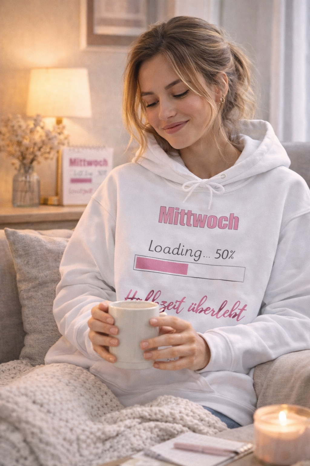 Weißer Hoodie mit dem Spruch „Mittwoch – Loading... 50 % – Halbzeit überlebt“ und einem rosa Fortschrittsbalken.