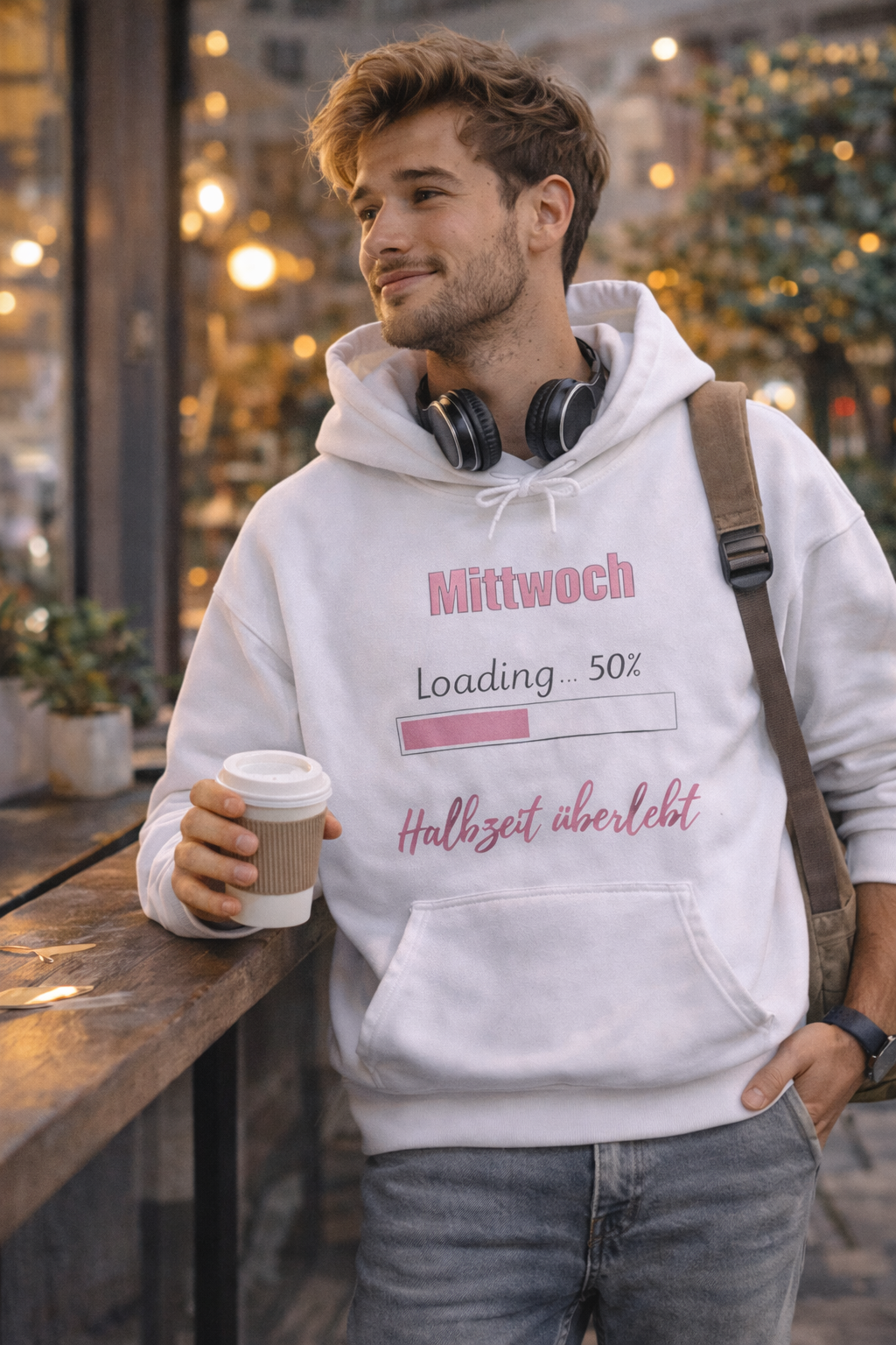 Weißer Hoodie mit dem Spruch „Mittwoch – Loading... 50 % – Halbzeit überlebt“ und einem rosa Fortschrittsbalken.