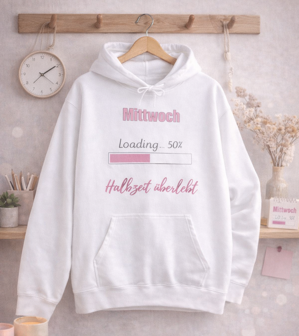 Weißer Hoodie mit dem Spruch „Mittwoch – Loading... 50 % – Halbzeit überlebt“ und einem rosa Fortschrittsbalken.