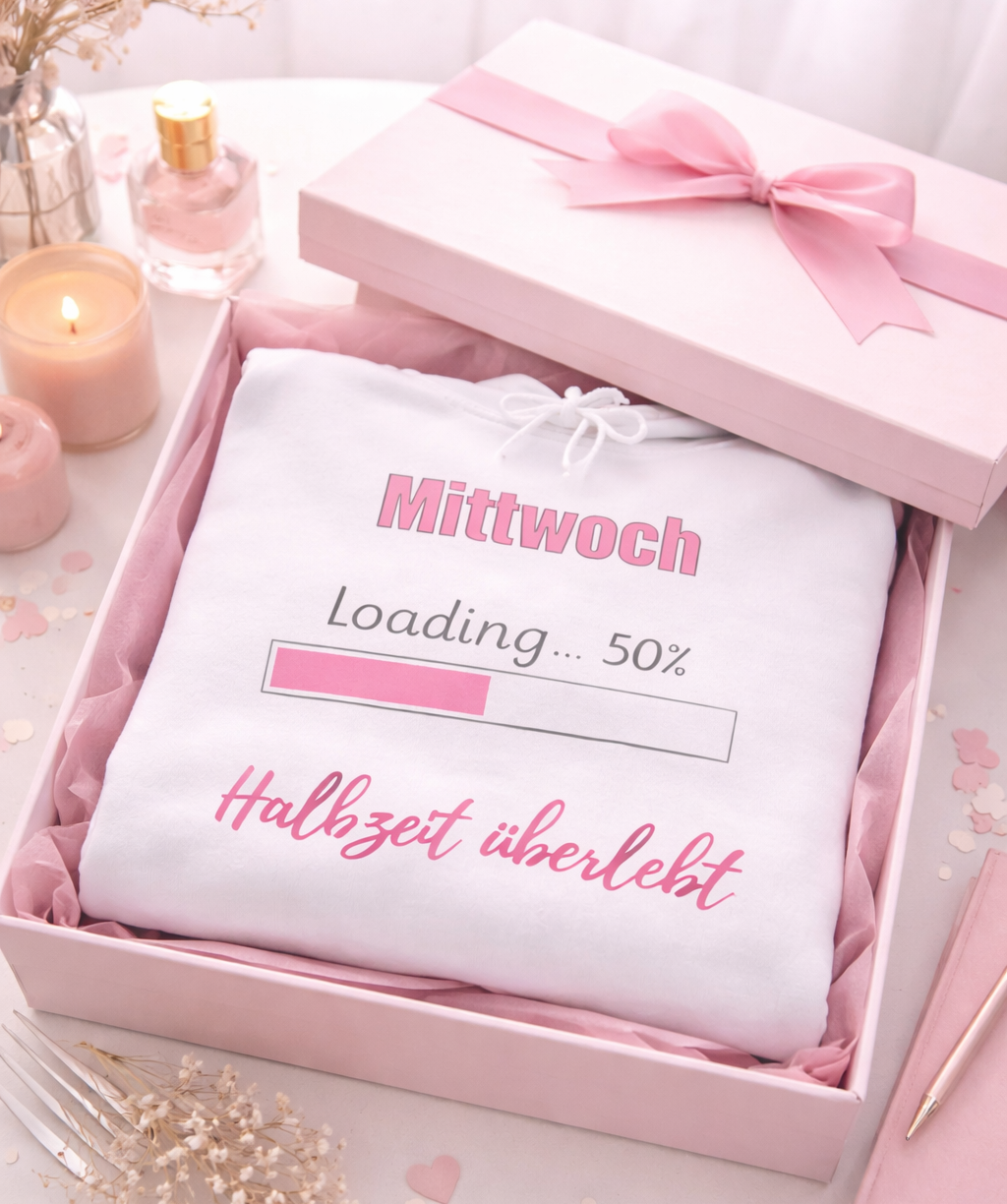 Weißer Hoodie mit dem Spruch „Mittwoch – Loading... 50 % – Halbzeit überlebt“ und einem rosa Fortschrittsbalken.