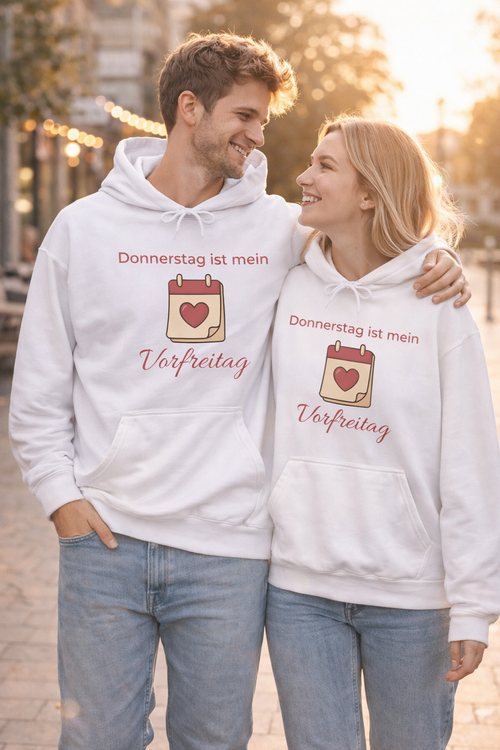 Weißer Hoodie mit dem Spruch „Donnerstag ist mein Vorfreitag“ und einer Kalender-Illustration mit Herzsymbol.