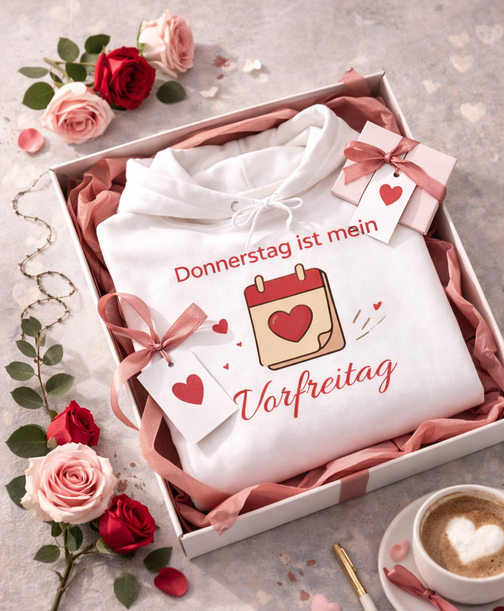 Weißer Hoodie mit dem Spruch „Donnerstag ist mein Vorfreitag“ und einer Kalender-Illustration mit Herzsymbol.