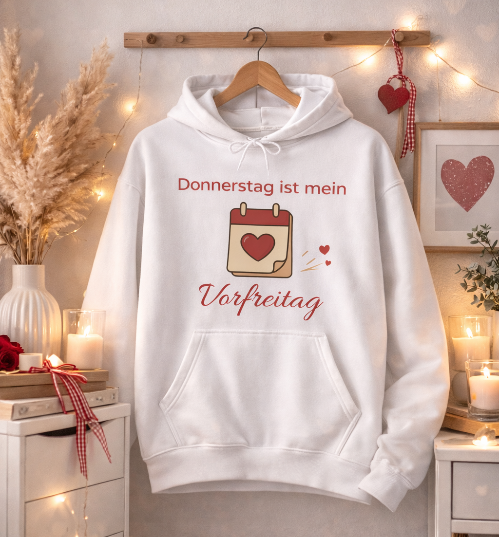 Weißer Hoodie mit dem Spruch „Donnerstag ist mein Vorfreitag“ und einer Kalender-Illustration mit Herzsymbol.
