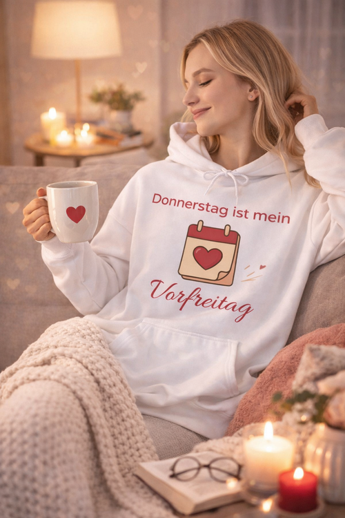 Weißer Hoodie mit dem Spruch „Donnerstag ist mein Vorfreitag“ und einer Kalender-Illustration mit Herzsymbol.