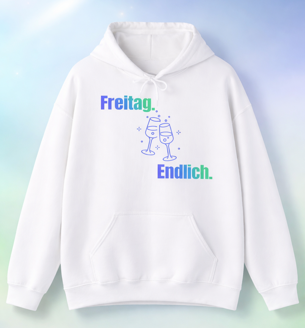 Weißer Hoodie mit dem Spruch „Freitag. Endlich.“ und einer Illustration von zwei anstoßenden Weingläsern.