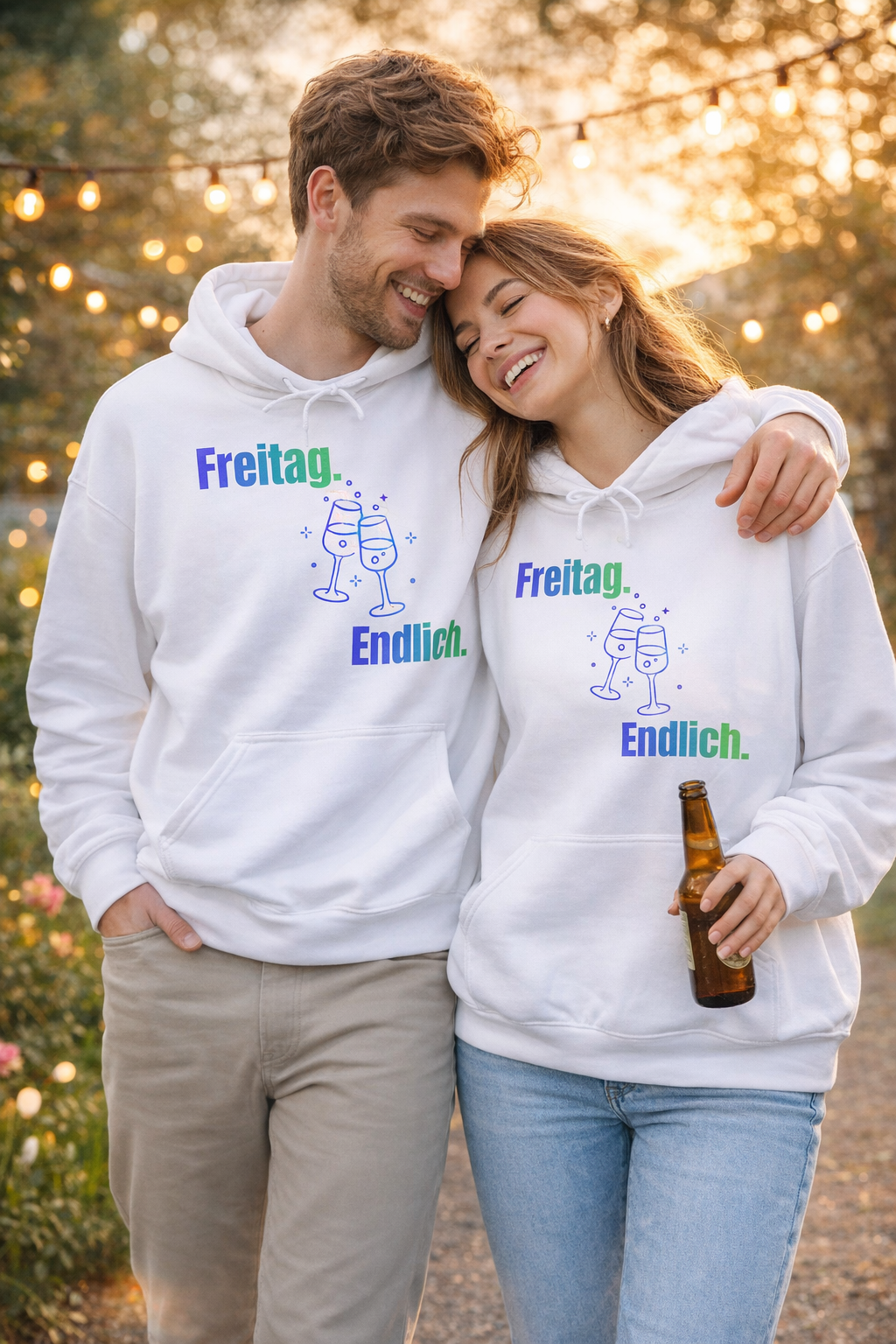 Weißer Hoodie mit dem Spruch „Freitag. Endlich.“ und einer Illustration von zwei anstoßenden Weingläsern.