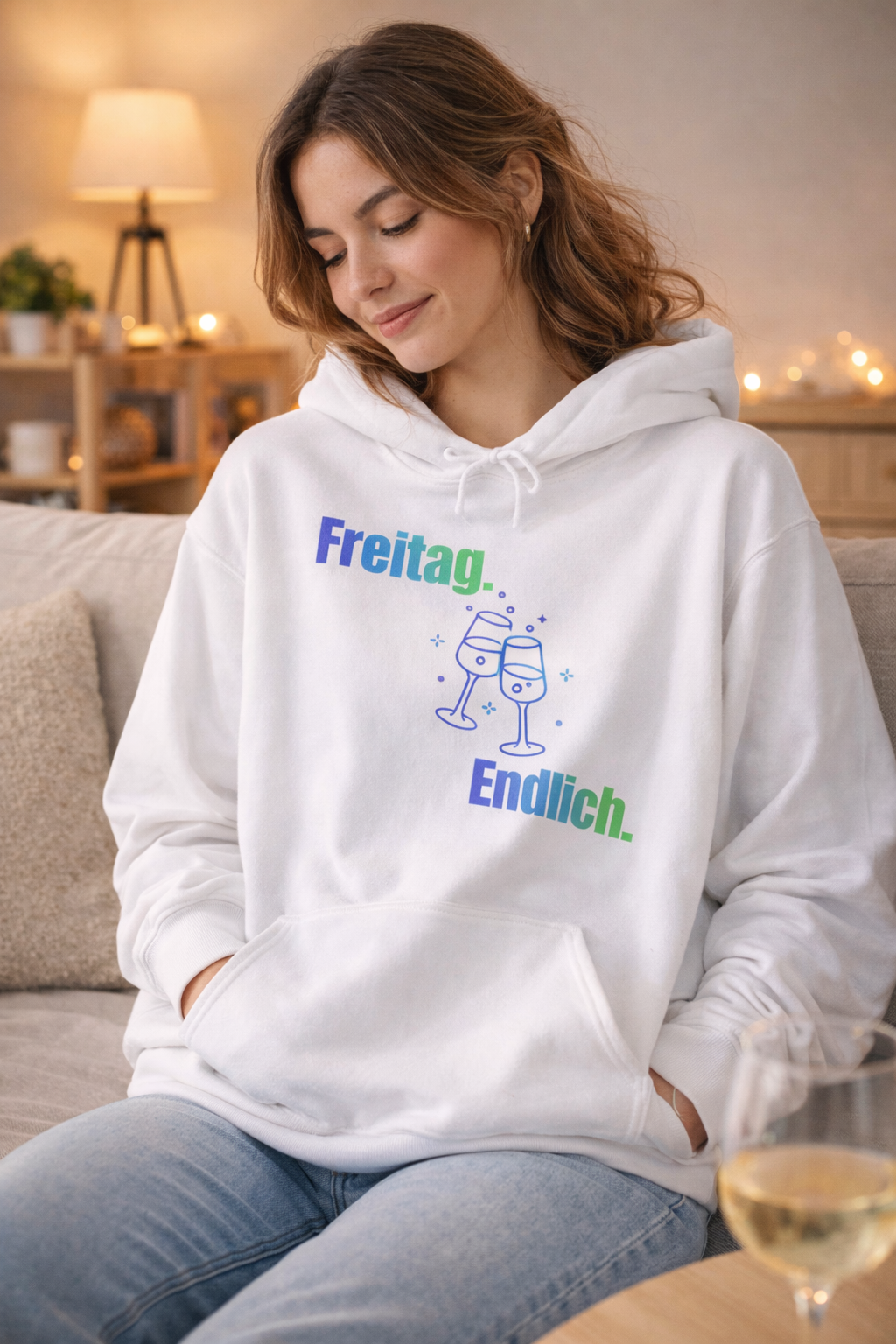 Weißer Hoodie mit dem Spruch „Freitag. Endlich.“ und einer Illustration von zwei anstoßenden Weingläsern.