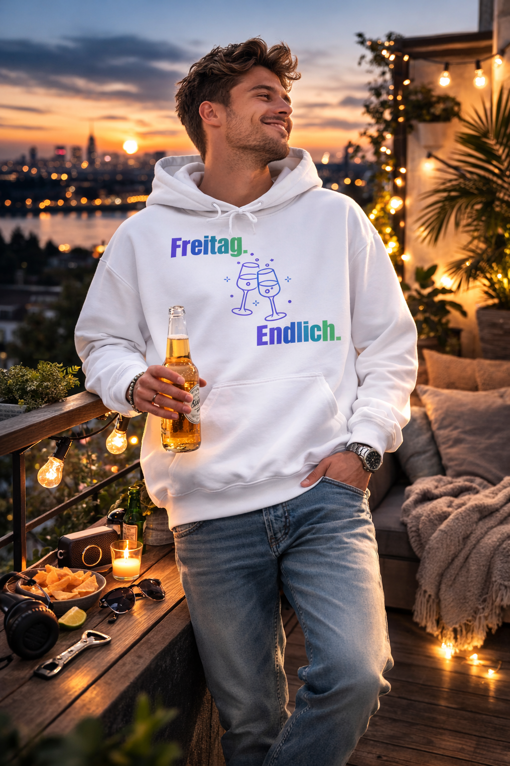 Weißer Hoodie mit dem Spruch „Freitag. Endlich.“ und einer Illustration von zwei anstoßenden Weingläsern.