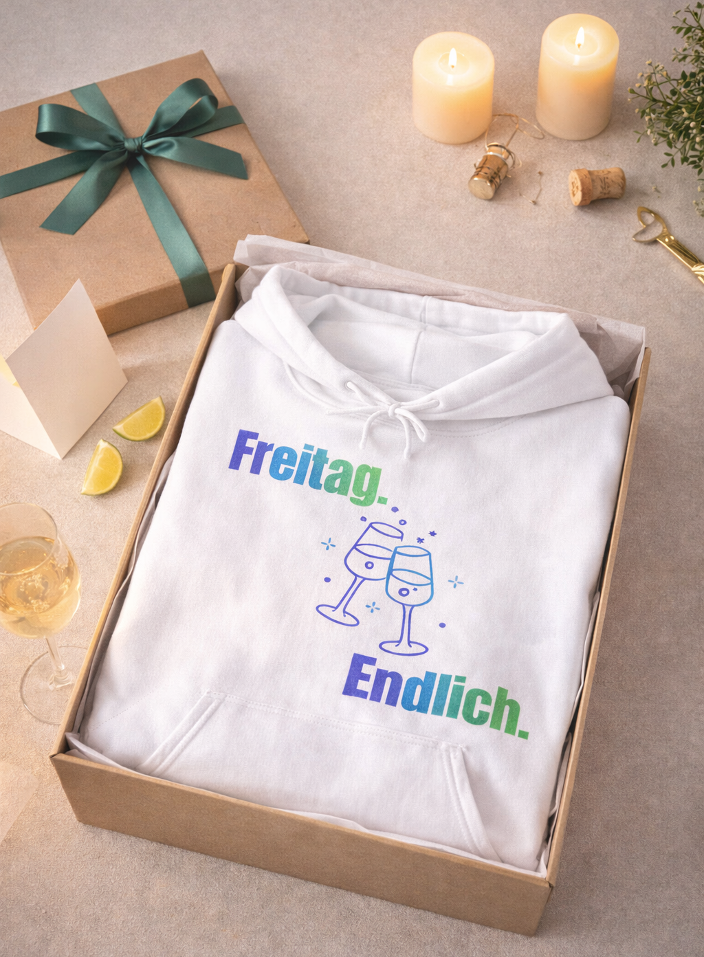 Weißer Hoodie mit dem Spruch „Freitag. Endlich.“ und einer Illustration von zwei anstoßenden Weingläsern.