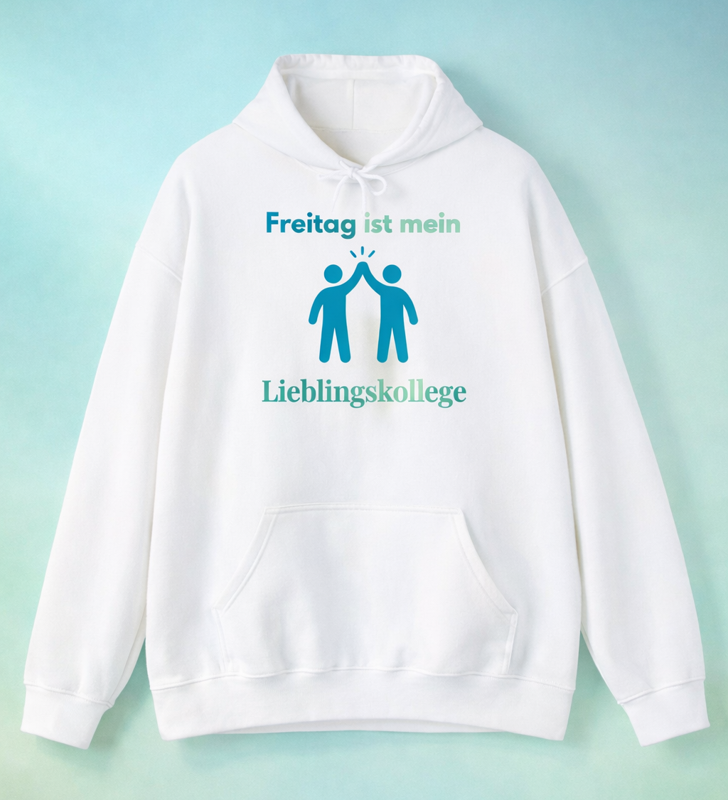Weißer Hoodie mit dem Spruch „Freitag ist mein Lieblingskollege“ und einer humorvollen Illustration von zwei Personen beim High-Five.