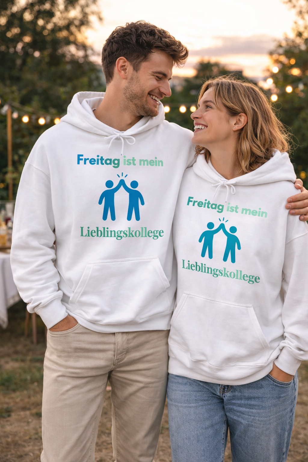 Weißer Hoodie mit dem Spruch „Freitag ist mein Lieblingskollege“ und einer humorvollen Illustration von zwei Personen beim High-Five.