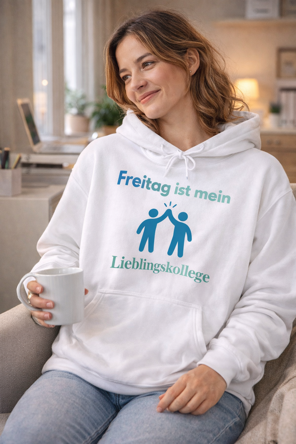 Weißer Hoodie mit dem Spruch „Freitag ist mein Lieblingskollege“ und einer humorvollen Illustration von zwei Personen beim High-Five.