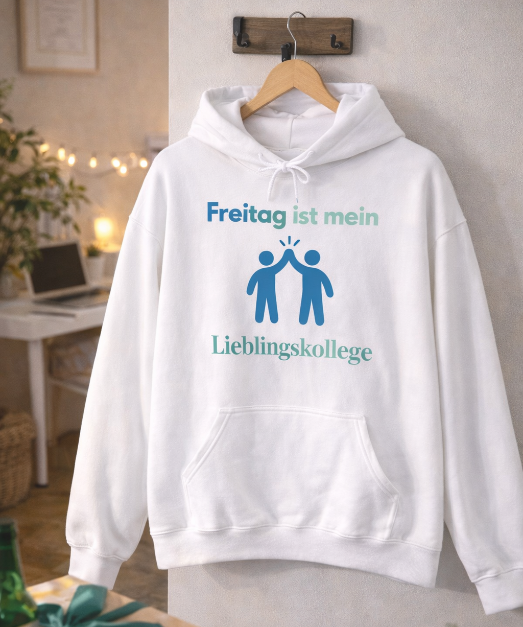 Weißer Hoodie mit dem Spruch „Freitag ist mein Lieblingskollege“ und einer humorvollen Illustration von zwei Personen beim High-Five.