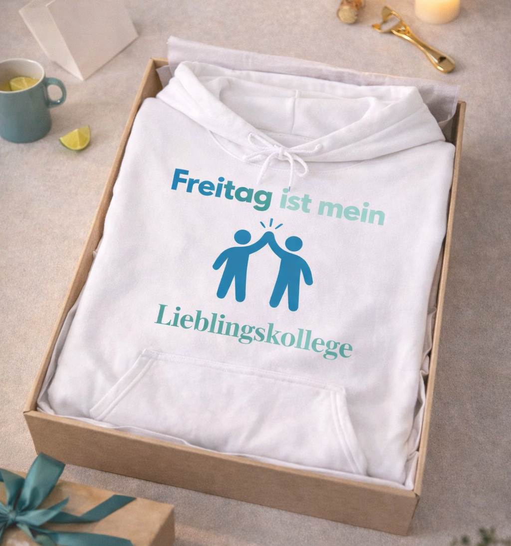 Weißer Hoodie mit dem Spruch „Freitag ist mein Lieblingskollege“ und einer humorvollen Illustration von zwei Personen beim High-Five.