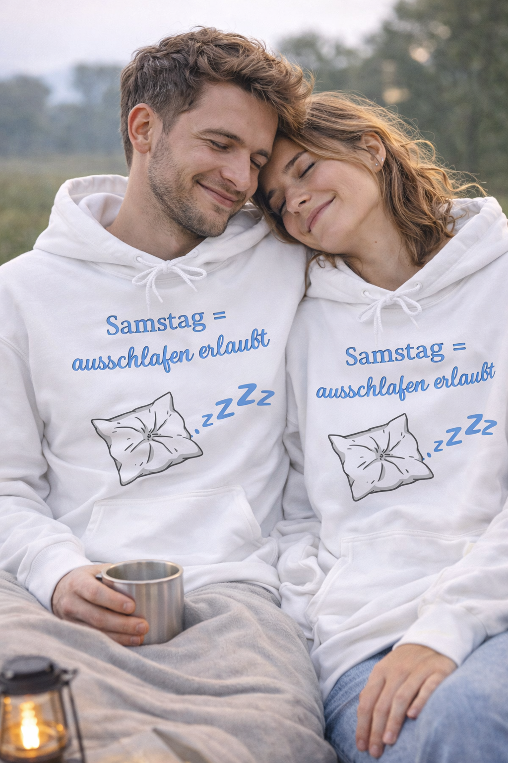 Weißer Hoodie mit Kissen-Motiv, Schlafsymbolen und dem Spruch „Samstag = Ausschlafen erlaubt“.
