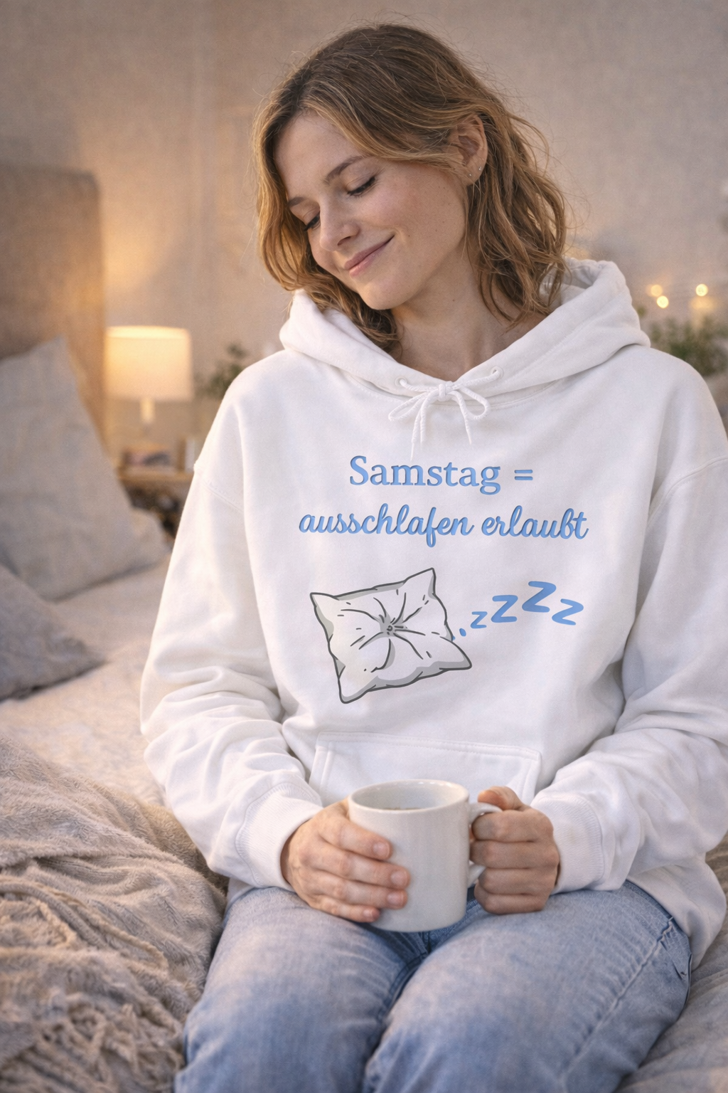 Weißer Hoodie mit Kissen-Motiv, Schlafsymbolen und dem Spruch „Samstag = Ausschlafen erlaubt“.
