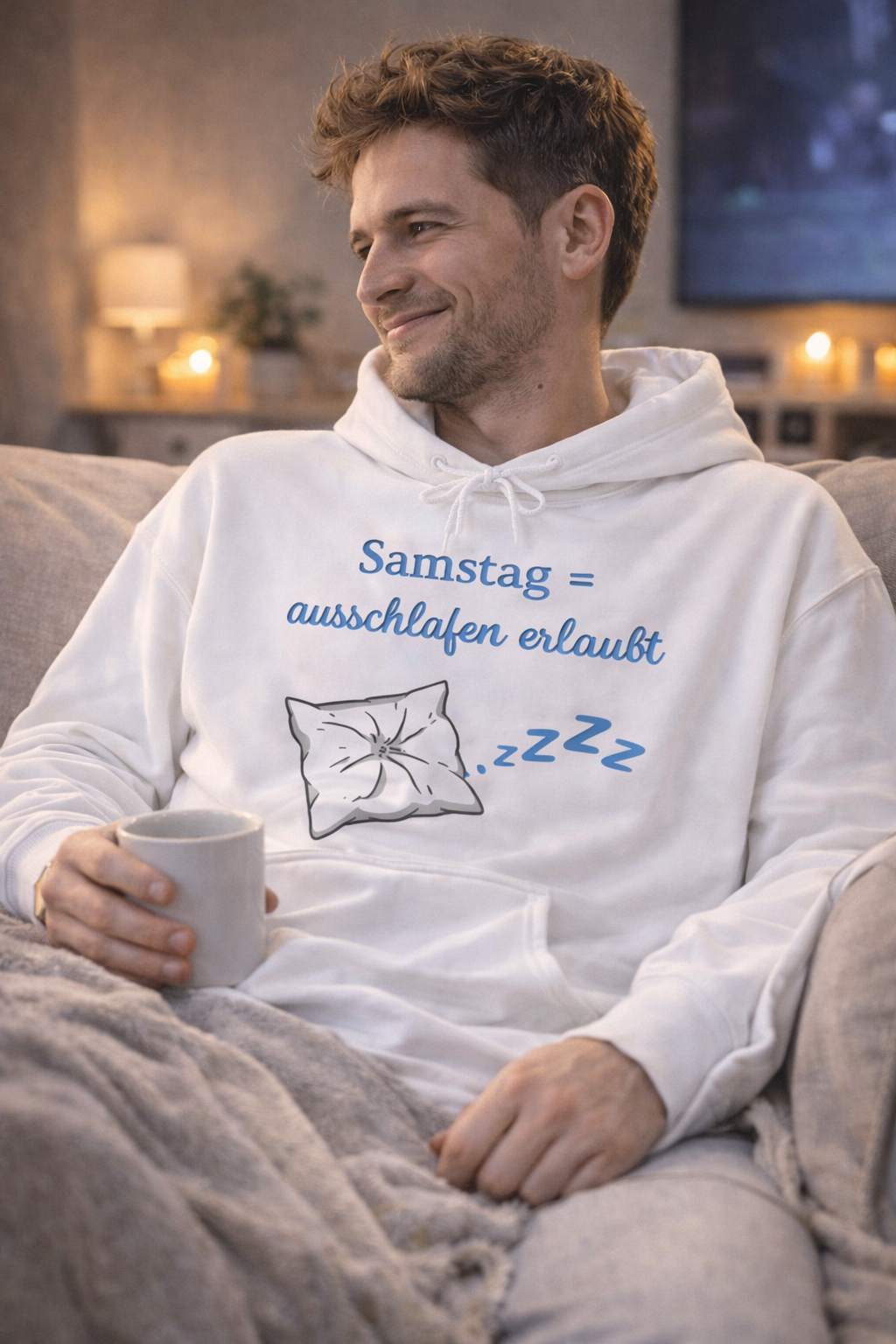 Weißer Hoodie mit Kissen-Motiv, Schlafsymbolen und dem Spruch „Samstag = Ausschlafen erlaubt“.