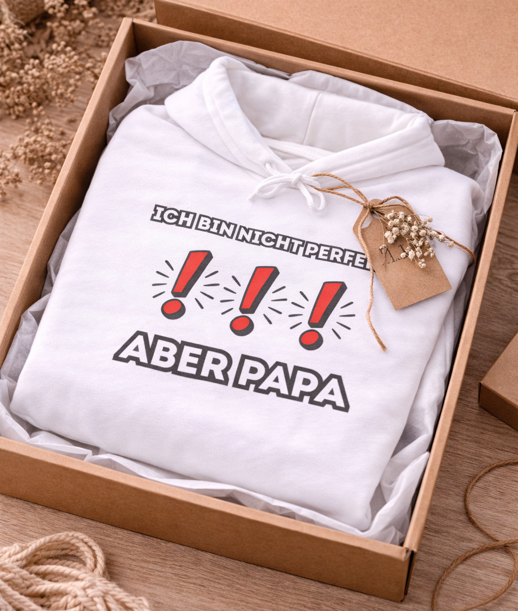 Weißer Hoodie mit dem Spruch „Ich bin nicht perfekt ... ABER PAPA“ und drei roten Ausrufezeichen als auffälliges Designelement.