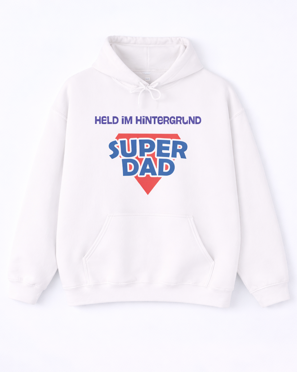 Weißer Unisex Hoodie mit Aufdruck „Held im Hintergrund – Super Dad“ als Geschenkidee für Papa zum Vatertag, Geburtstag oder Weihnachten.