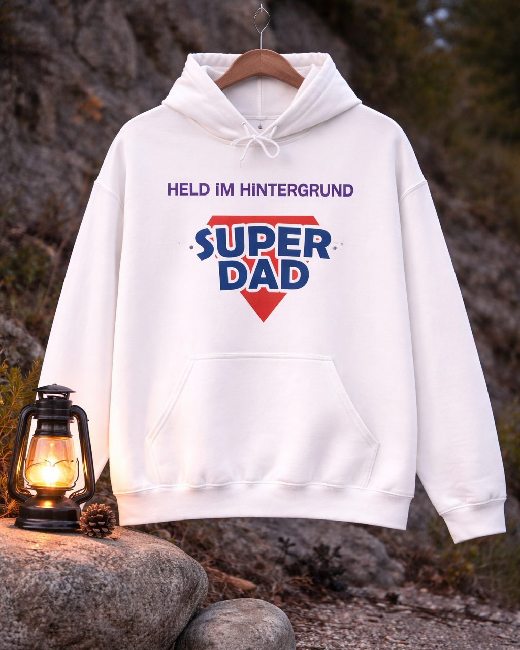 Weißer Unisex Hoodie mit Aufdruck „Held im Hintergrund – Super Dad“ als Geschenkidee für Papa zum Vatertag, Geburtstag oder Weihnachten.