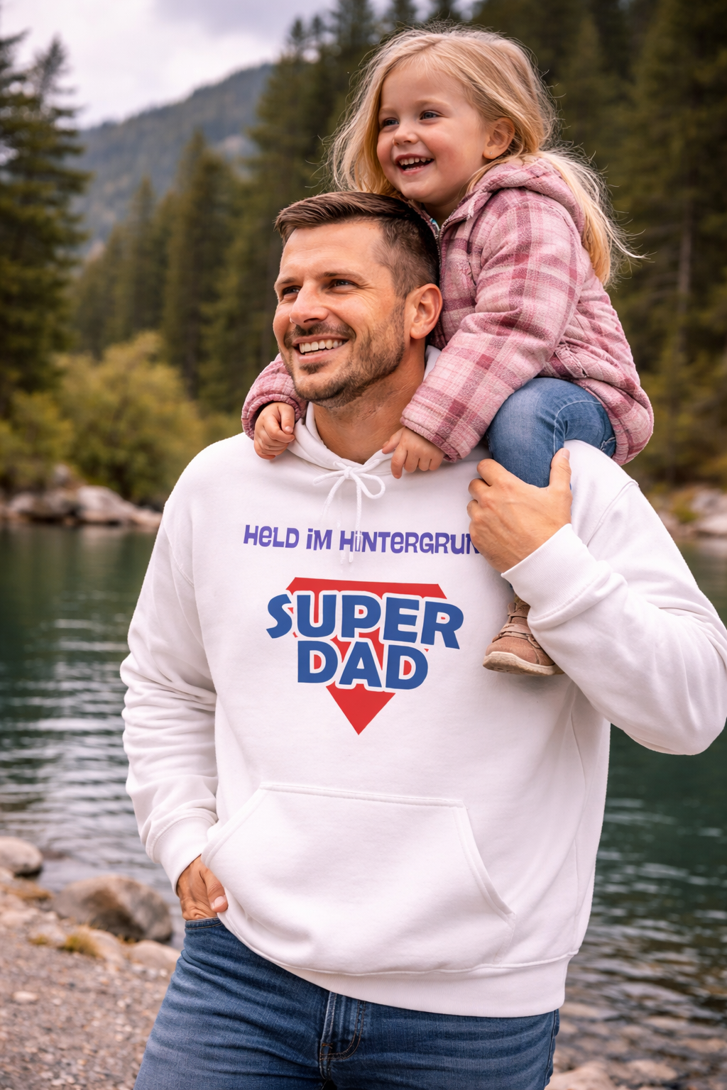 Weißer Unisex Hoodie mit Aufdruck „Held im Hintergrund – Super Dad“ als Geschenkidee für Papa zum Vatertag, Geburtstag oder Weihnachten.