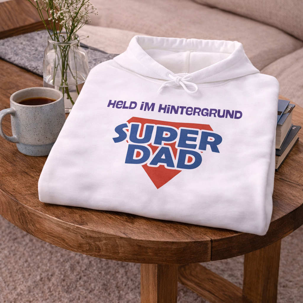 Weißer Unisex Hoodie mit Aufdruck „Held im Hintergrund – Super Dad“ als Geschenkidee für Papa zum Vatertag, Geburtstag oder Weihnachten.