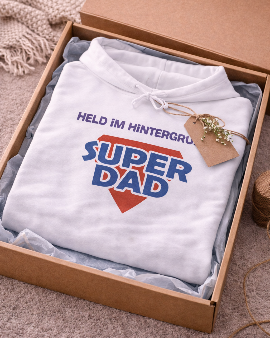 Weißer Unisex Hoodie mit Aufdruck „Held im Hintergrund – Super Dad“ als Geschenkidee für Papa zum Vatertag, Geburtstag oder Weihnachten.