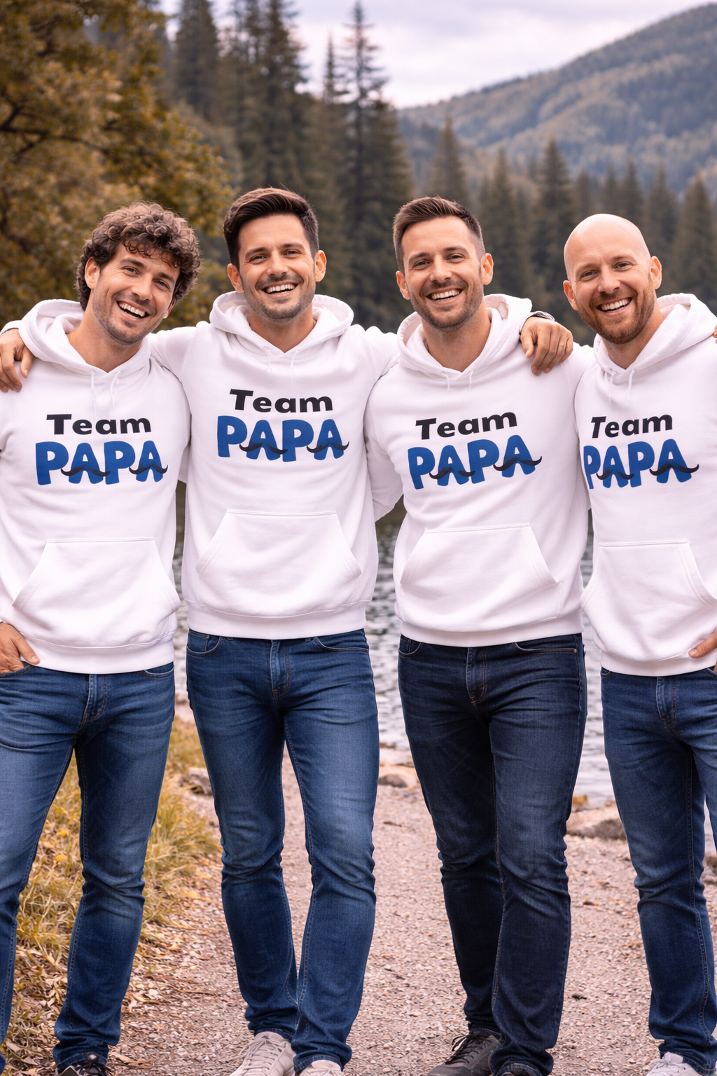 Weißer Hoodie mit dem Schriftzug „Team Papa“ und Schnurrbart-Motiv – ideal als Geschenk für Väter und Familienmenschen.