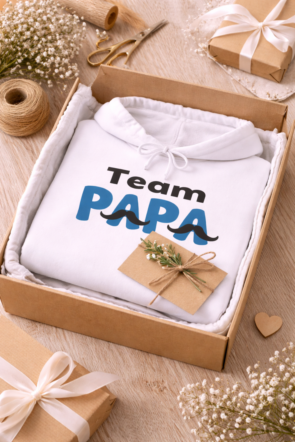 Weißer Hoodie mit dem Schriftzug „Team Papa“ und Schnurrbart-Motiv – ideal als Geschenk für Väter und Familienmenschen.