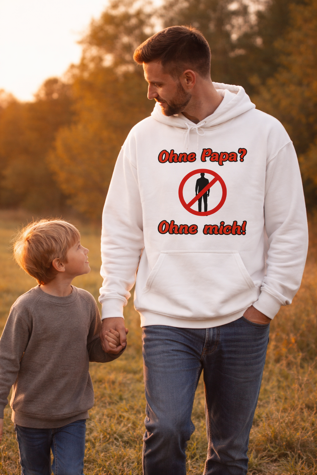 Weißer Hoodie mit dem Spruch „Ohne Papa? Ohne mich!“ und einem durchgestrichenen Personen-Symbol als humorvolles Design.