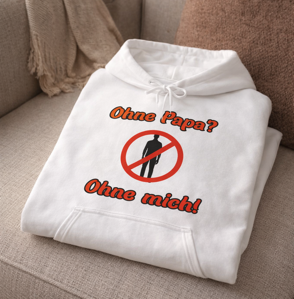 Weißer Hoodie mit dem Spruch „Ohne Papa? Ohne mich!“ und einem durchgestrichenen Personen-Symbol als humorvolles Design.