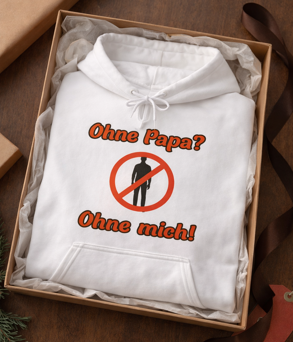 Weißer Hoodie mit dem Spruch „Ohne Papa? Ohne mich!“ und einem durchgestrichenen Personen-Symbol als humorvolles Design.