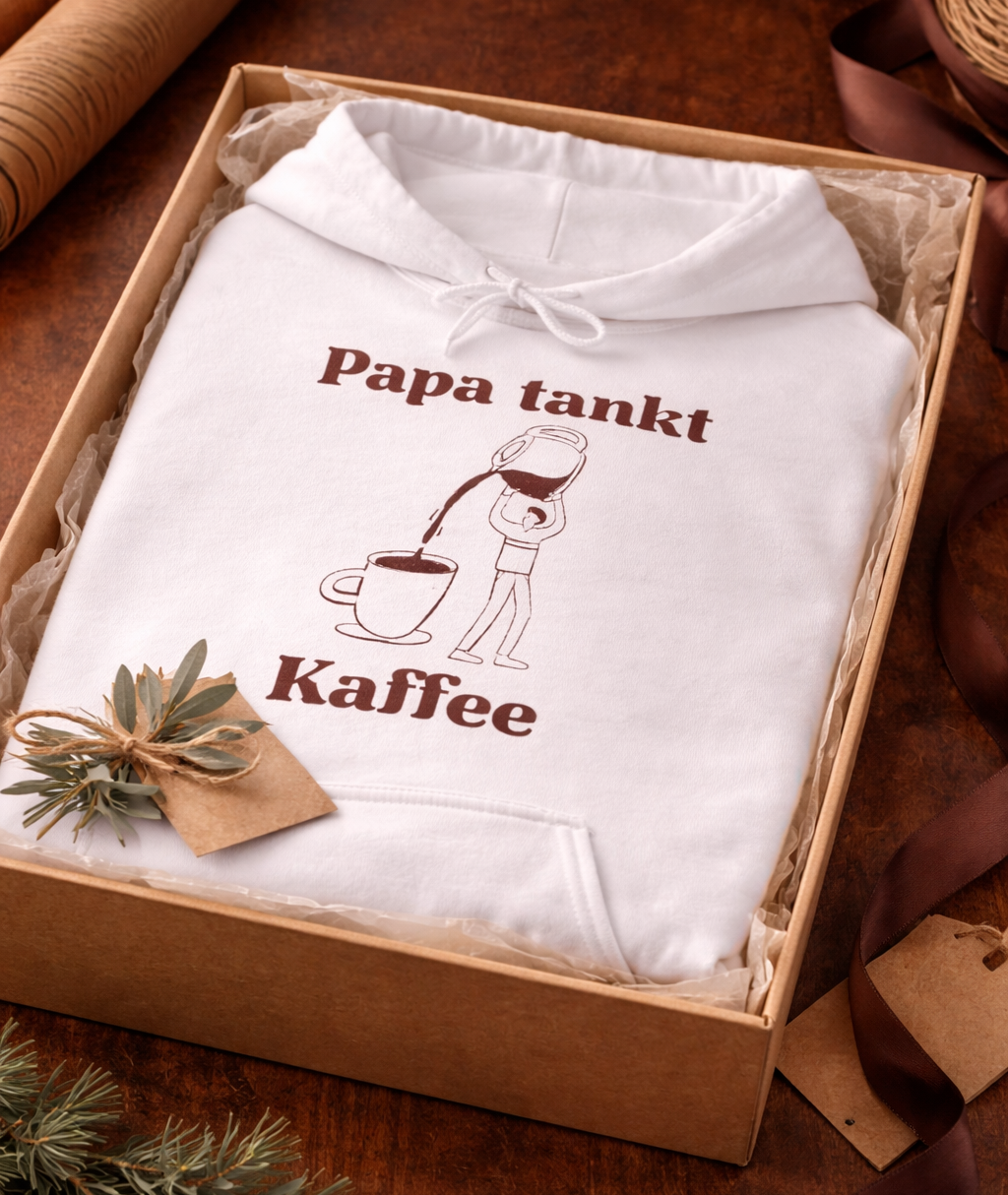 Weißer Hoodie mit dem Spruch „Papa tankt Kaffee“ und einer Illustration einer Kaffeekanne, die Kaffee in eine Tasse einschenkt.