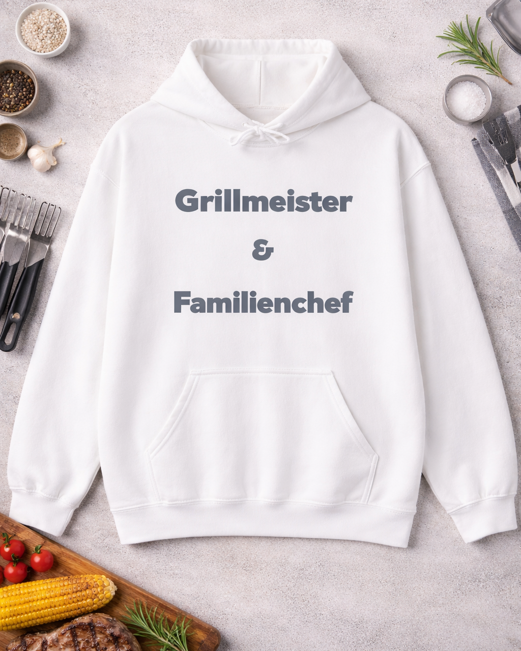 Unisex Hoodie in Weiß oder Hellblau mit dem Spruch „Grillmeister & Familienchef“ als lustige Geschenkidee für Papa, Grillfans und Familienmenschen.
