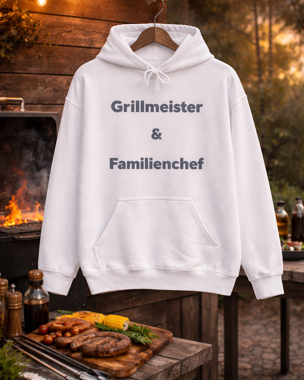 Unisex Hoodie in Weiß oder Hellblau mit dem Spruch „Grillmeister & Familienchef“ als lustige Geschenkidee für Papa, Grillfans und Familienmenschen.