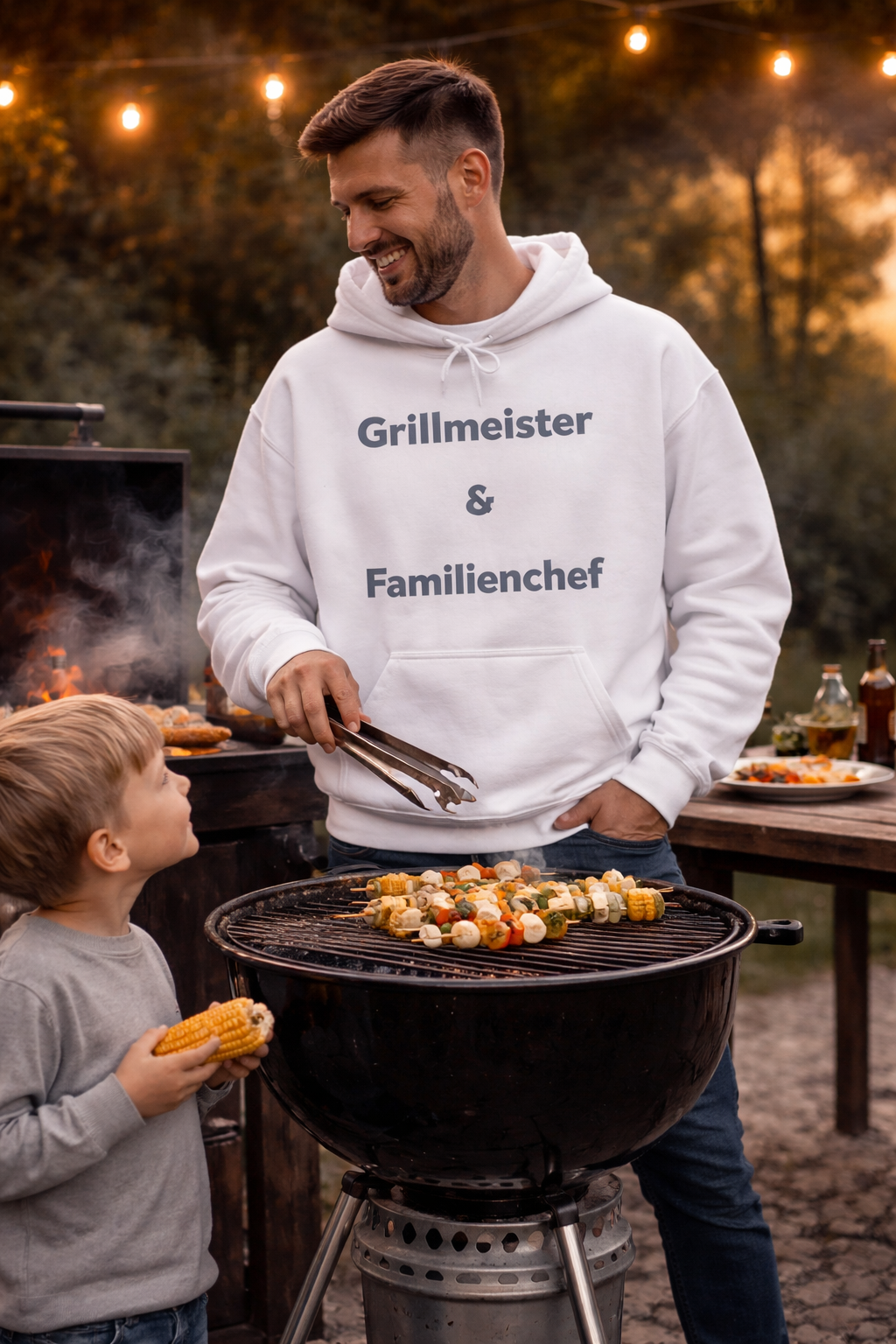 Unisex Hoodie in Weiß oder Hellblau mit dem Spruch „Grillmeister & Familienchef“ als lustige Geschenkidee für Papa, Grillfans und Familienmenschen.