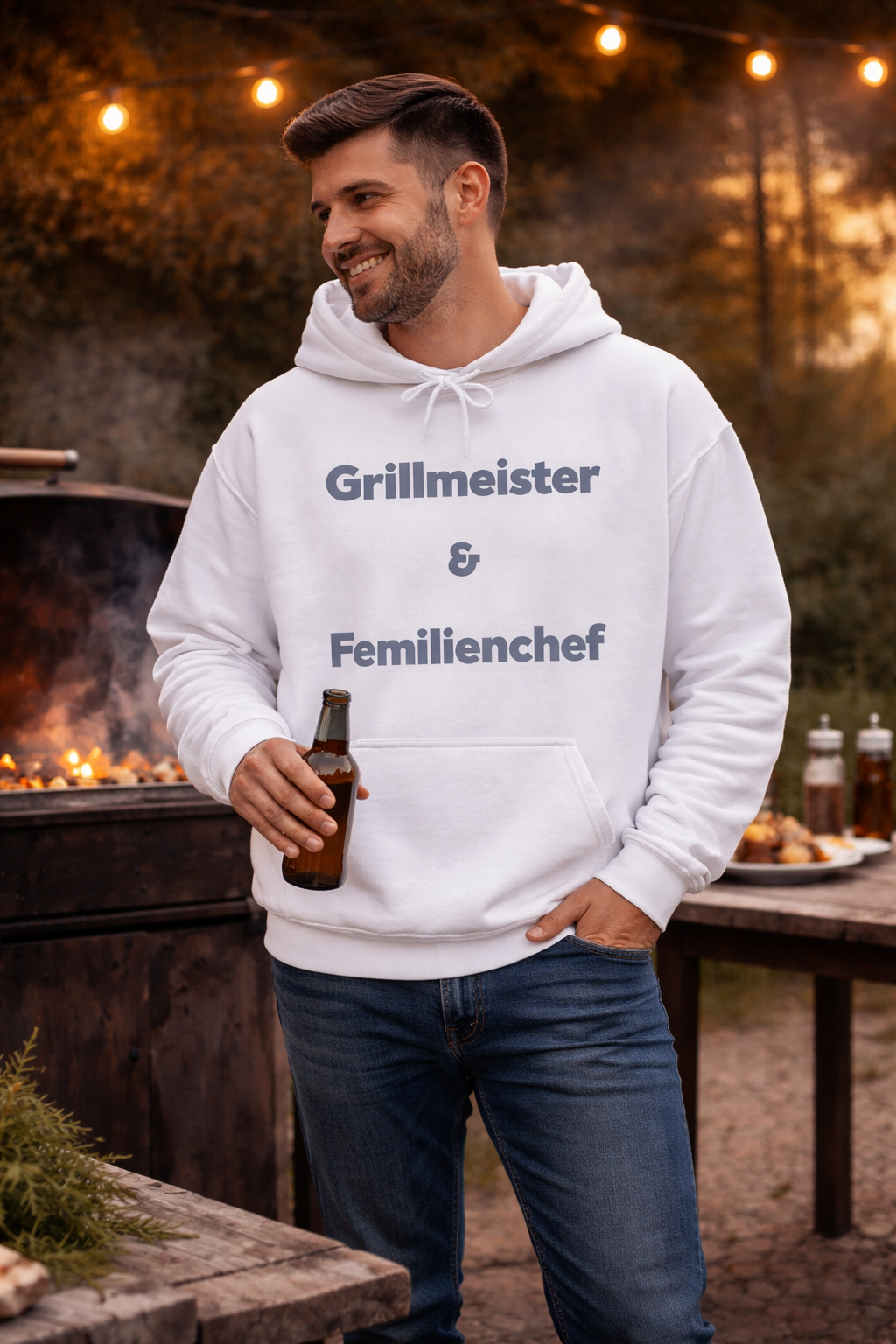 Unisex Hoodie in Weiß oder Hellblau mit dem Spruch „Grillmeister & Familienchef“ als lustige Geschenkidee für Papa, Grillfans und Familienmenschen.