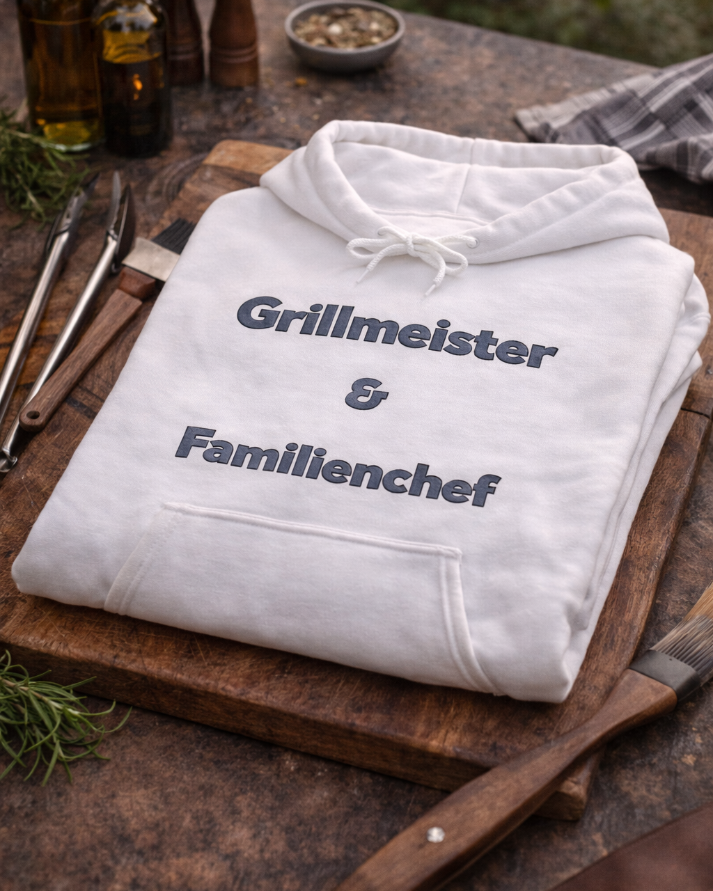 Unisex Hoodie in Weiß oder Hellblau mit dem Spruch „Grillmeister & Familienchef“ als lustige Geschenkidee für Papa, Grillfans und Familienmenschen.
