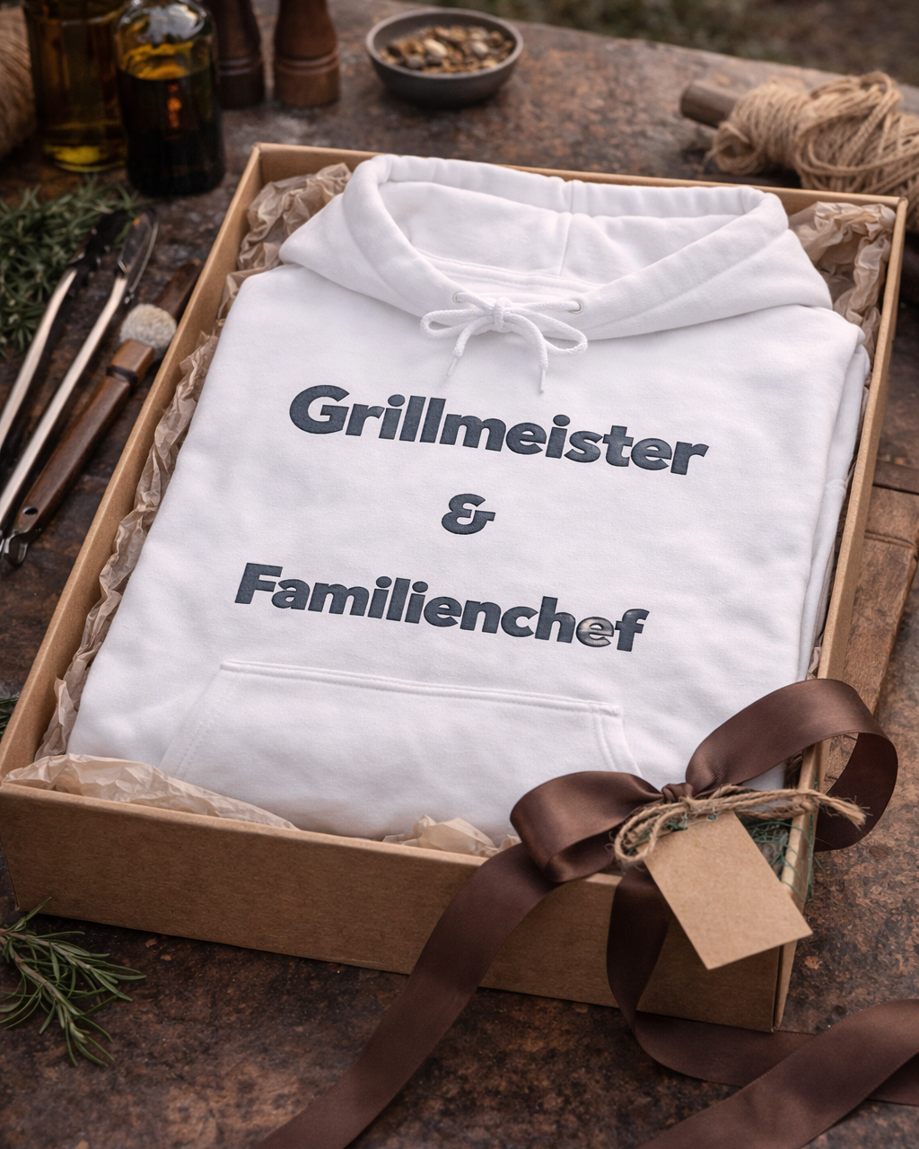 Unisex Hoodie in Weiß oder Hellblau mit dem Spruch „Grillmeister & Familienchef“ als lustige Geschenkidee für Papa, Grillfans und Familienmenschen.