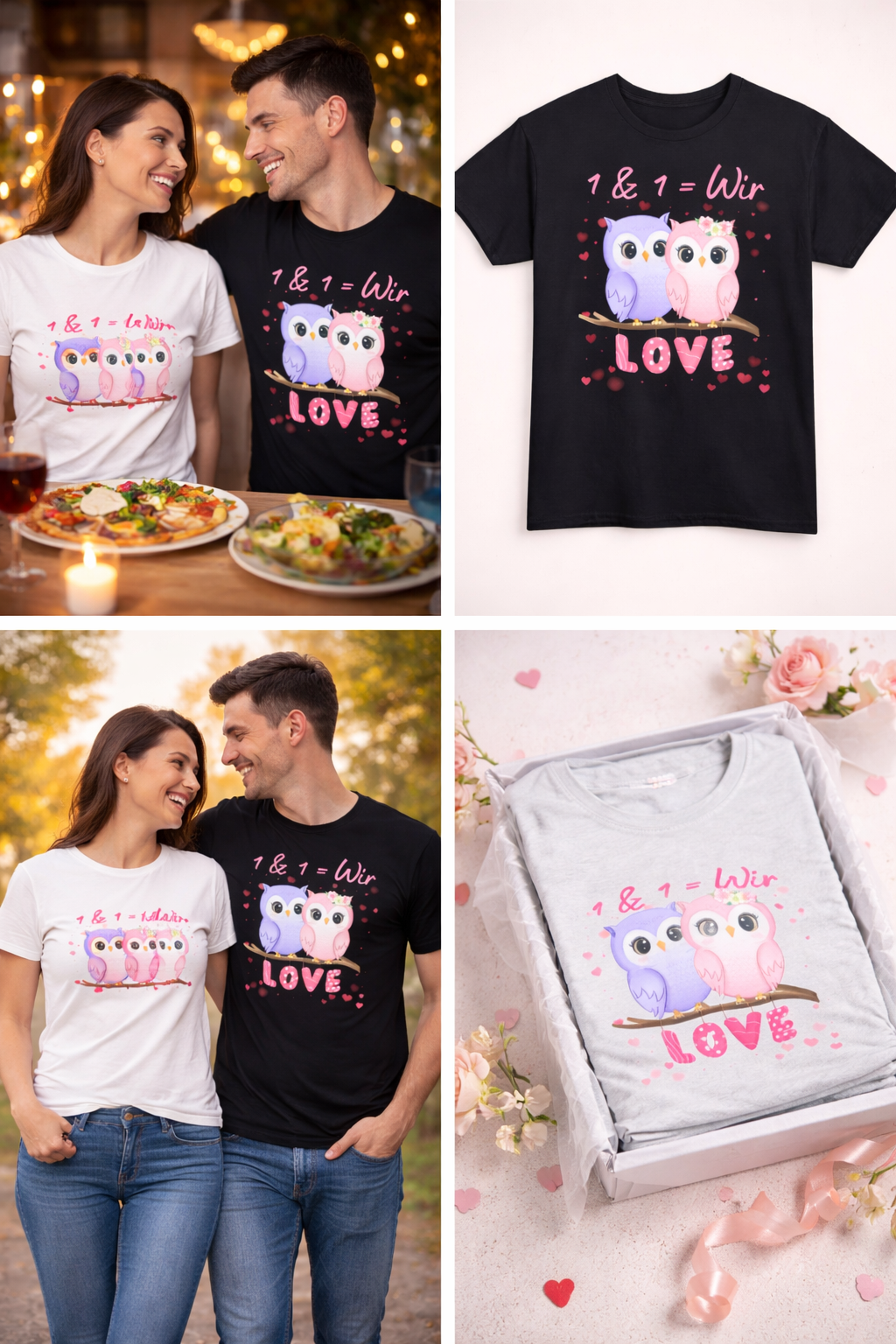 Unisex T-Shirt mit zwei niedlichen Eulen auf einem Ast, dem Schriftzug „1 & 1 = Wir“ und dem Wort „LOVE“ – romantisches Partner-Shirt für Verliebte.