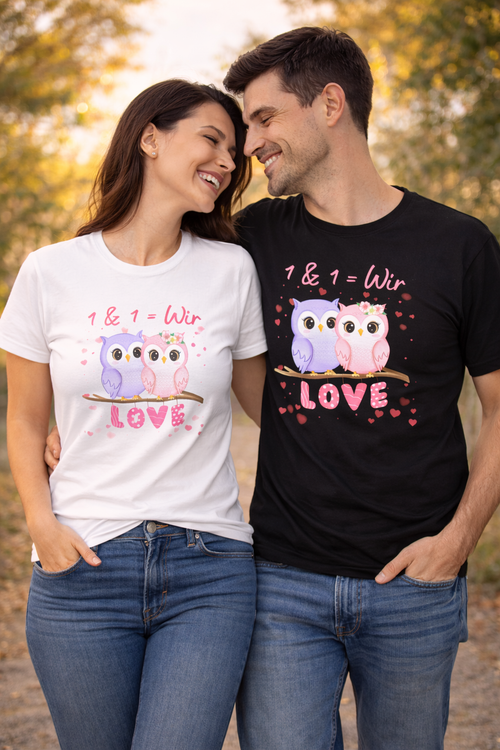 Unisex T-Shirt mit zwei niedlichen Eulen auf einem Ast, dem Schriftzug „1 & 1 = Wir“ und dem Wort „LOVE“ – romantisches Partner-Shirt für Verliebte.