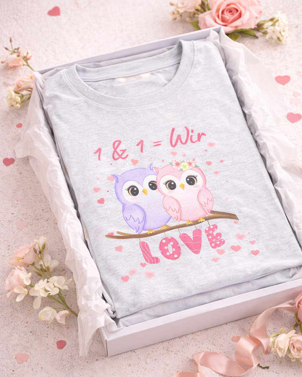 Unisex T-Shirt mit zwei niedlichen Eulen auf einem Ast, dem Schriftzug „1 & 1 = Wir“ und dem Wort „LOVE“ – romantisches Partner-Shirt für Verliebte.