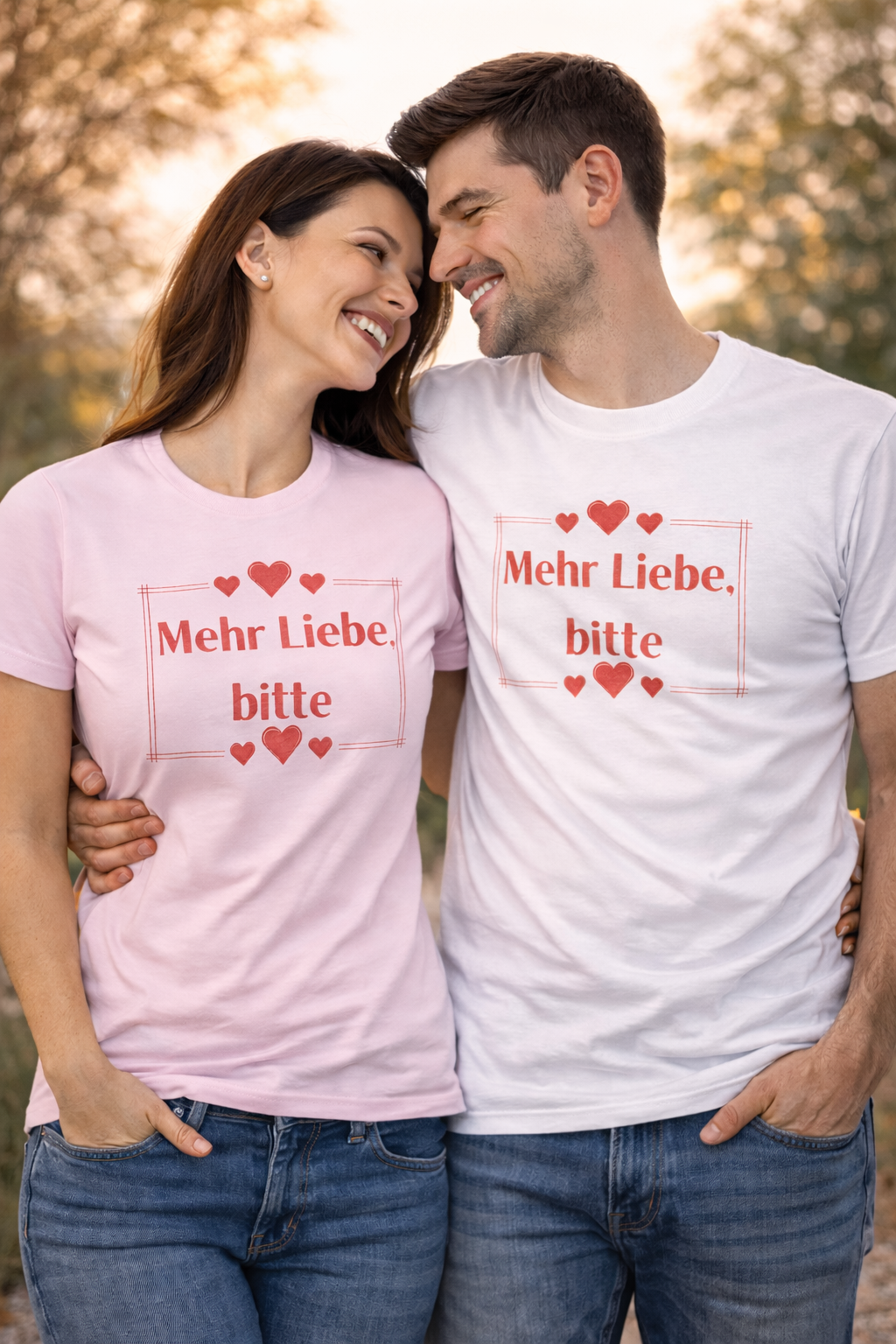 Unisex T-Shirt mit dem Schriftzug „Mehr Liebe, bitte“, dekorativen Herzen und schlichtem romantischem Design in Rot auf weißem oder rosafarbenem Shirt.