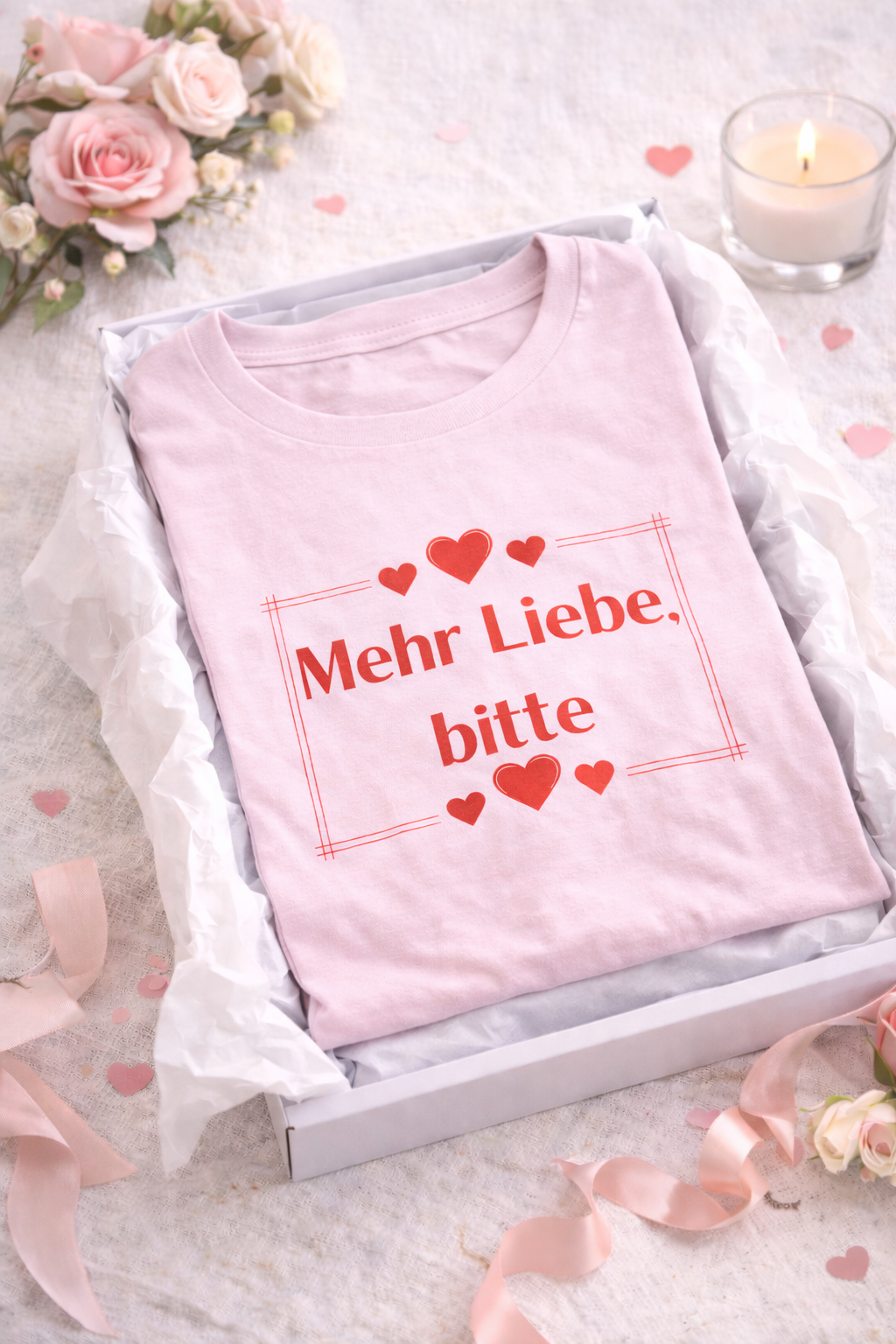 Unisex T-Shirt mit dem Schriftzug „Mehr Liebe, bitte“, dekorativen Herzen und schlichtem romantischem Design in Rot auf weißem oder rosafarbenem Shirt.